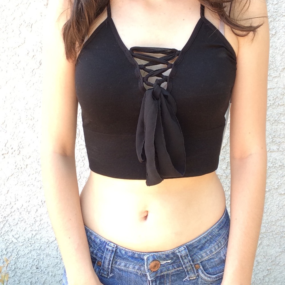 La Winner Black Lace Up Bow Crop Top Shirt Blouse